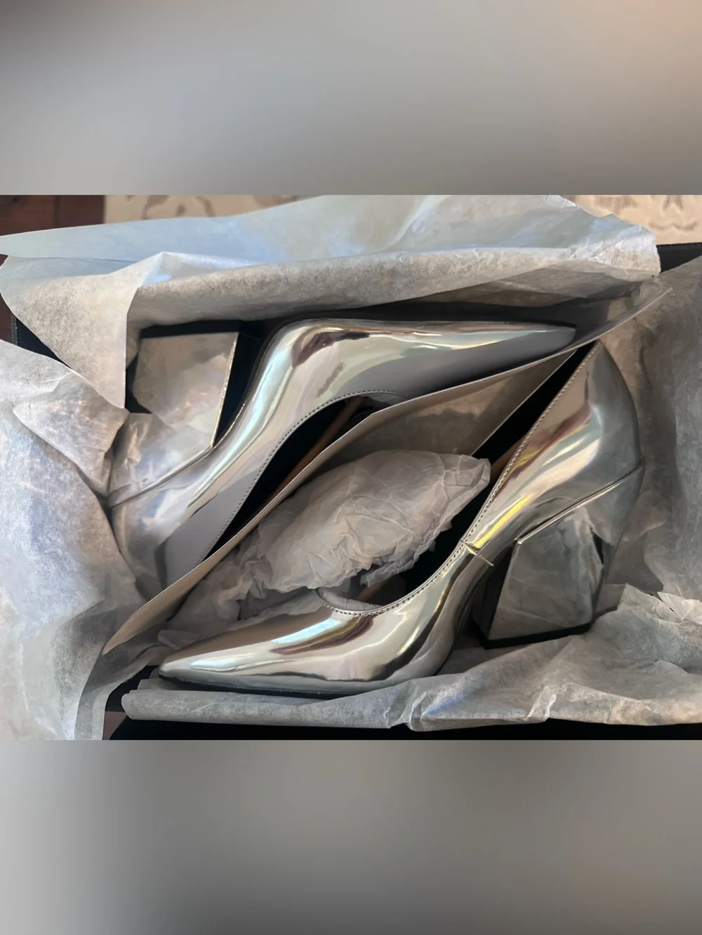 Rebecca Minkoff West Mirror Metallic Silver Block Heel Pumps NIB Size 7.5